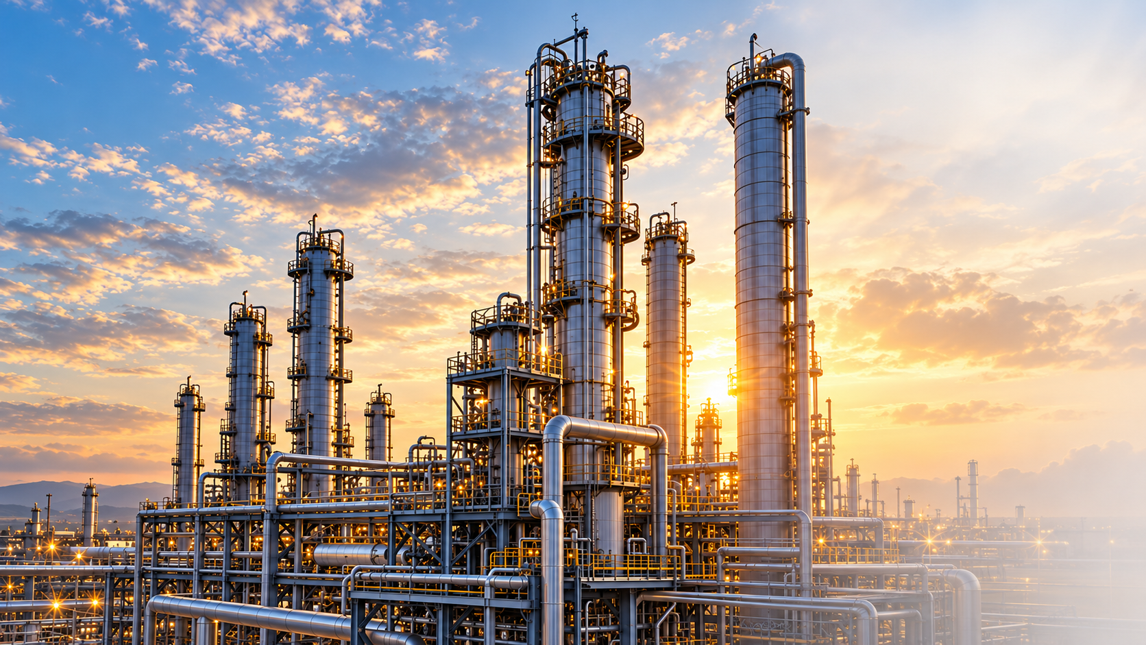 Instalação industrial química com torres e tubulações